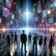 3D illustration of diverse professionals looking at futuristic glossy neon-lit cityscape in a high-tech environment